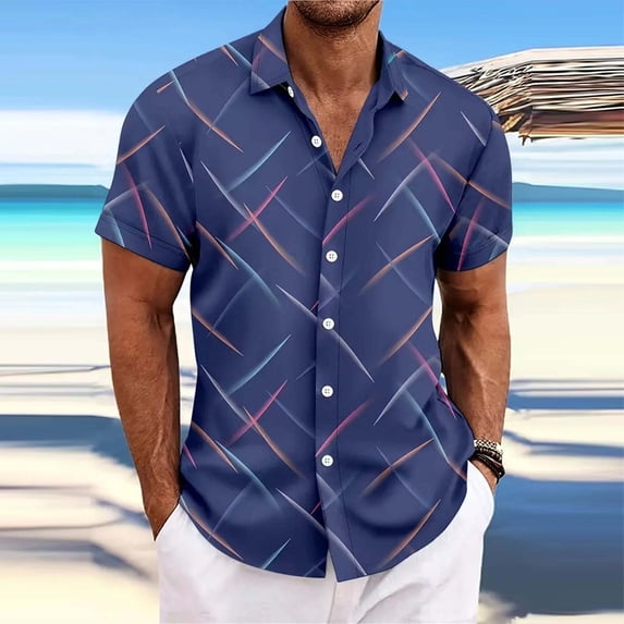 Fnnxeal Mens Geometric Print Short Sleeve Button Up Shirt | Purple Slim Fit Casual Shirt for Men, Vacation Resort & Summer Wear,Size M