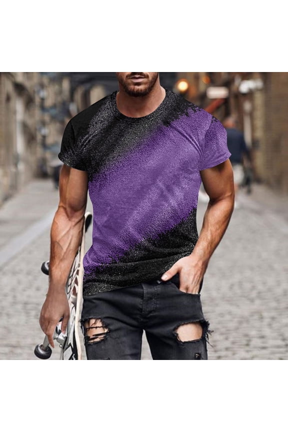 Mens Glitter Gradient Purple Muscle Fit Crew Neck T-Shirt, Big and Tall Short Sleeve Tee 7XL, Polyester Spandex Rave Streetwear Graphic Top,Size L