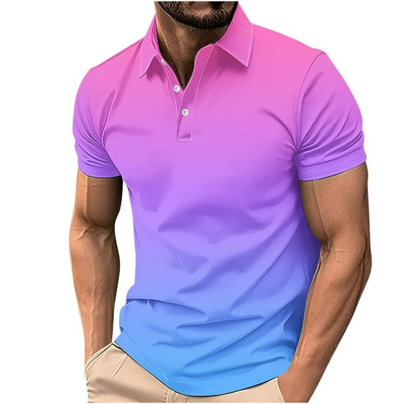 Fnnxeal Mens Gradient Ombre Polo Shirt, Moisture Wicking Slim Fit Short Sleeve, 95% Polyester Spandex, Pink to Blue, Sizes XS-4XL,Size 4XL
