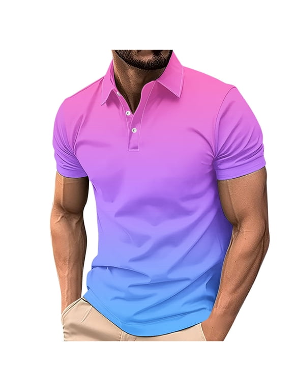 Mens Gradient Ombre Polo Shirt, Moisture Wicking Slim Fit Short Sleeve, 95% Polyester Spandex, Pink to Blue, Sizes XS-4XL,Size L