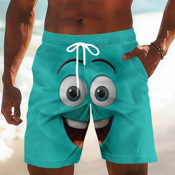 Fnnxeal Mens Graphic Print Swim Trunks Funny Cartoon Face Light Blue Quick Dry Beach Shorts with Drawstring,Size 2XL