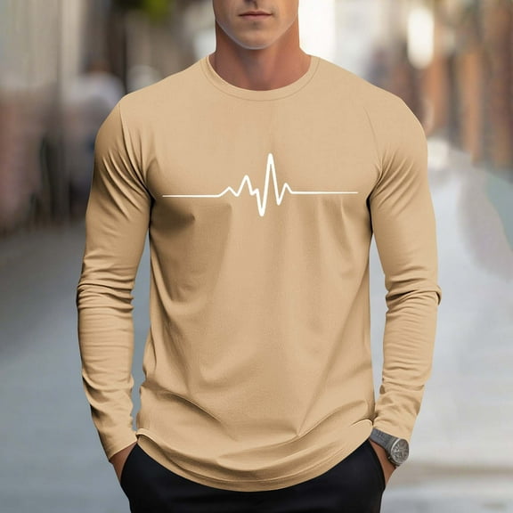 Fnnxeal Mens Graphic Shirts, Classic Casual Crew Neck Fall Winter Long Sleeve Khaki Lightweight Shirts for Men Size 2XL