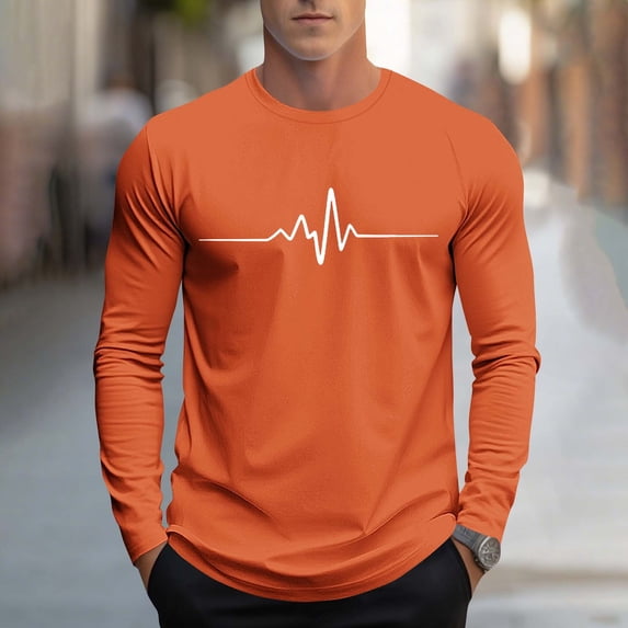 Fnnxeal Mens Graphic Shirts, Crew Neck Fall Winter Casual Classic Long Sleeve Orange Lightweight Shirts for Men Size S