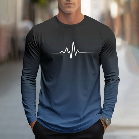 Fnnxeal Mens Graphic Shirts, Fall Winter Casual Long Sleeve Classic Crew Neck Navy Lightweight Shirts for Men Size 2XL