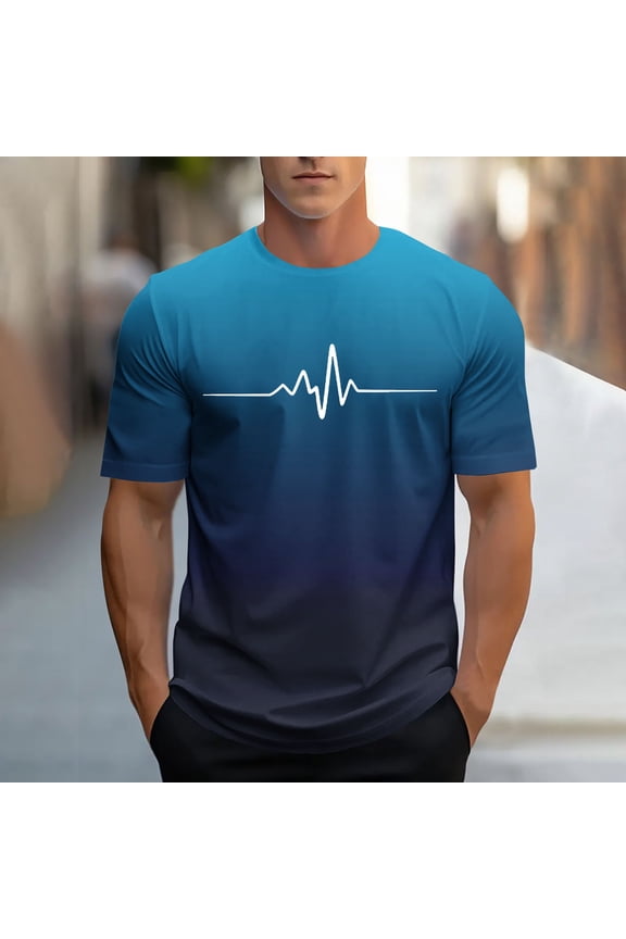 Mens Graphic T-Shirts Casual Short Sleeve Sunmmer Crew Neck Blue Shirts for Men Size 2XL