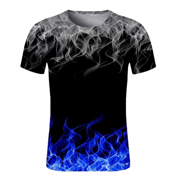 Fnnxeal Mens Graphic Tee Vibrant Blue 3D Flame Print Short Sleeve Crew Neck T-Shirt Streetwear Polyester Regular Fit Top Sizes M-4XL,Size XL