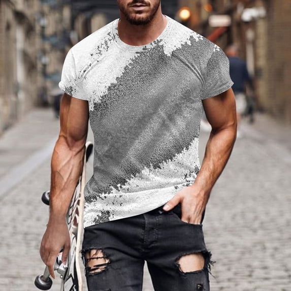 Fnnxeal Mens Gray 3D Abstract Print Graphic Tee Casual Short Sleeve T-Shirt Polyester Spandex Big and Tall Sizes M to 5XL,Size M