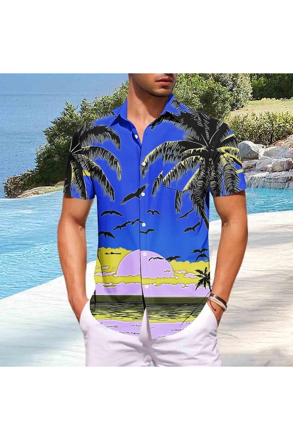 Mens Hawaiian Shirt Blue Sunset Tropical Palm Tree Print Big and Tall Stretch Wrinkle Free Casual Beach Vacation Summer Polyester Spandex,Size 5XL