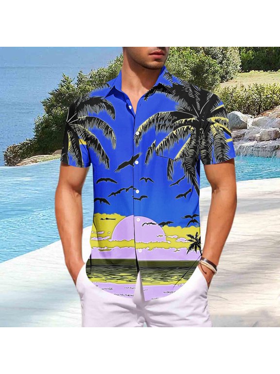 Mens Hawaiian Shirt Blue Sunset Tropical Palm Tree Print Big and Tall Stretch Wrinkle Free Casual Beach Vacation Summer Polyester Spandex,Size S