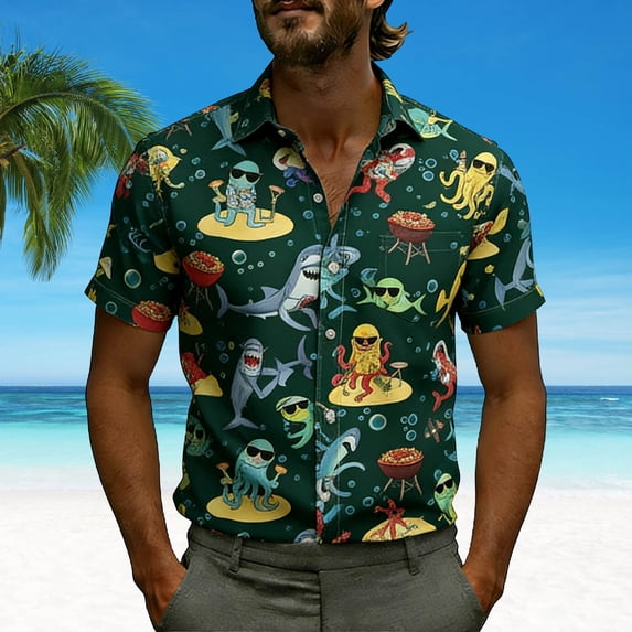 Fnnxeal Mens Hawaiian Shirt Funny Ocean Cartoon Short Sleeve Button Up Tropical Beach Vacation Shirt Army Green,Size 3XL