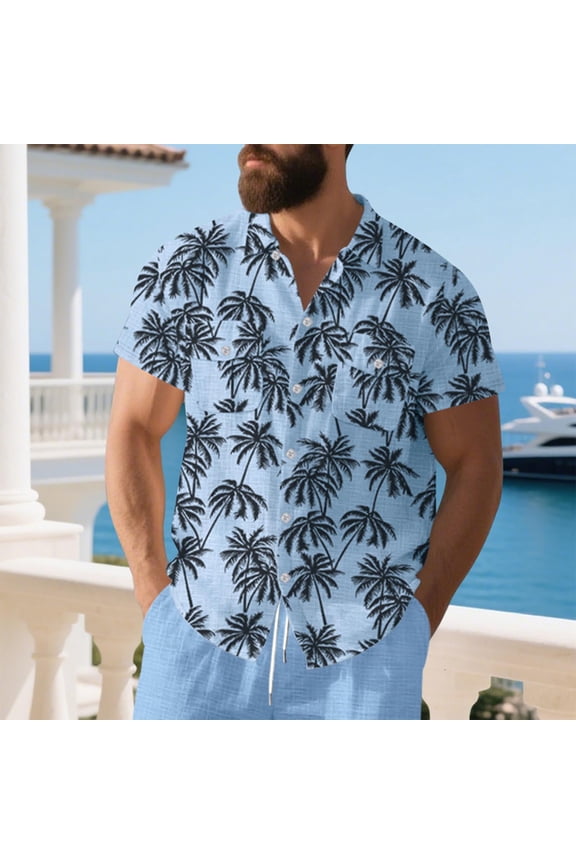 Mens Hawaiian Shirt | Light Blue Tropical Button Down Shirt for Men - Slim Fit Short Sleeve, Breathable Rayon, Palm Print Beach Vacation Resort Wear,Size XL