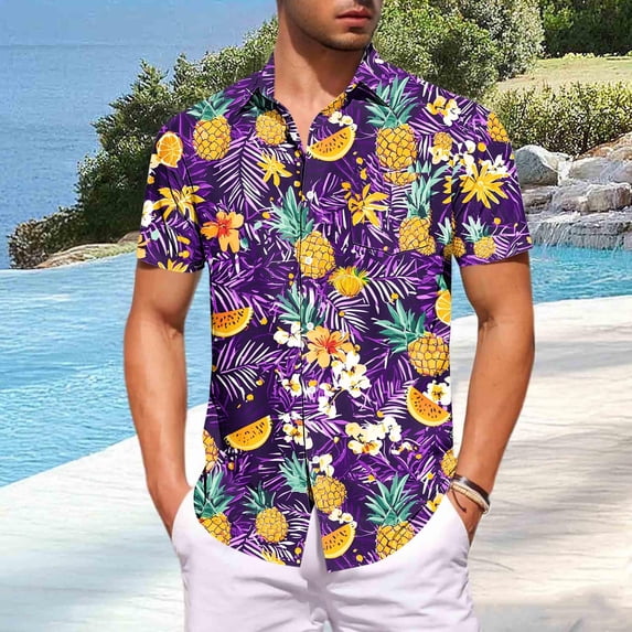 Fnnxeal Mens Hawaiian Shirt Pineapple Print Tropical Short Sleeve Casual Button Down Stretch Fabric Beach Vacation Tops Purple S-5XL,Size 5XL