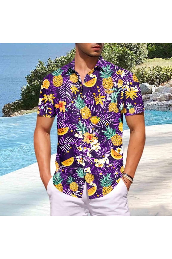 Mens Hawaiian Shirt Pineapple Print Tropical Short Sleeve Casual Button Down Stretch Fabric Beach Vacation Tops Purple S-5XL,Size 5XL