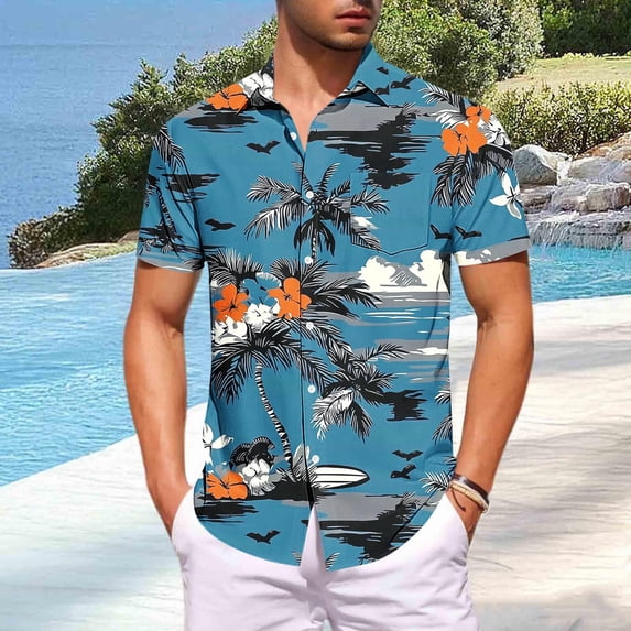 Fnnxeal Mens Hawaiian Shirt Short Sleeve Button Down Big and Tall Camp Collar Beach Vacation Summer Shirt Breathable Stretch Fabric Sky Blue,Size XL