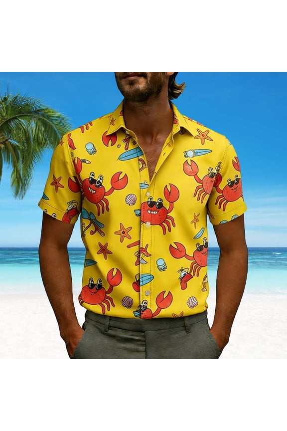 Mens Hawaiian Shirt Short Sleeve Button Down, Crab Print Tropical Beach Shirt, Lightweight Quick-Dry Stretch Fit for Vacation & Cruise,Size 3XL