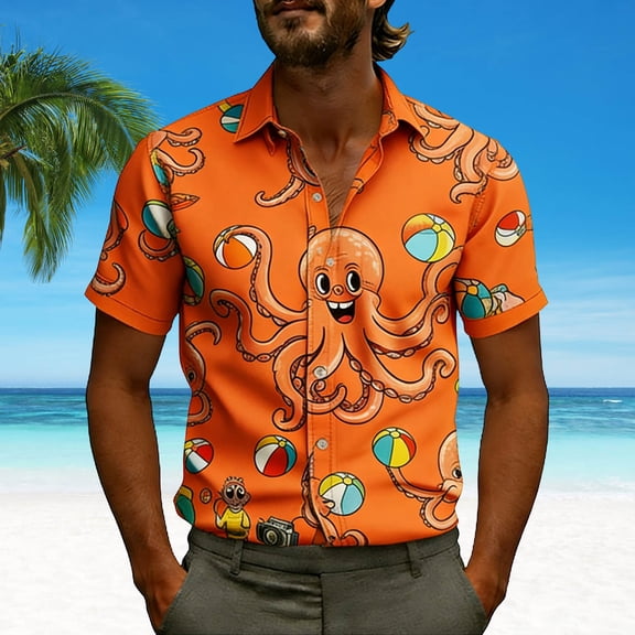 Fnnxeal Mens Hawaiian Shirt Short Sleeve Button Down Tropical Octopus Cartoon Print Beach Shirt,Size 5XL