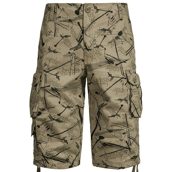 Fnnxeal Mens Khaki Cargo Shorts with Graffiti Print - Streetwear Relaxed Fit Cotton Shorts with Drawstring Hem,Size S