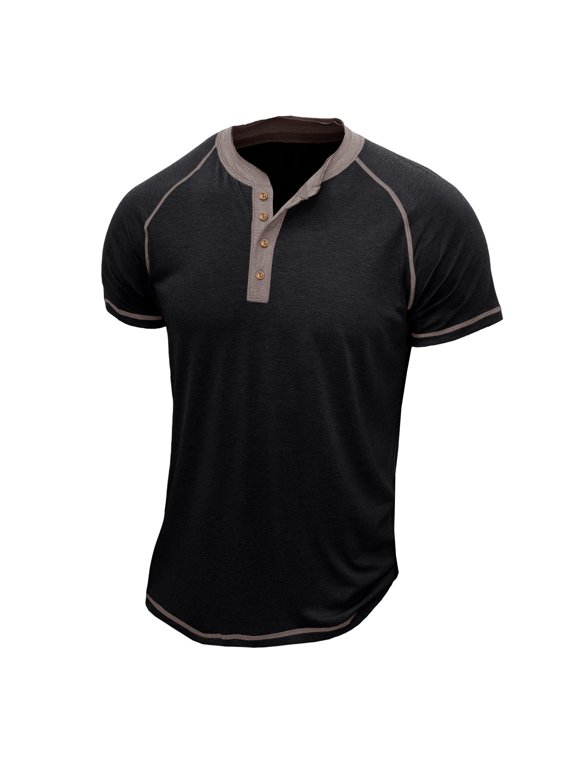 Mens Khaki Casual Henley Shirt, Short Sleeve Cotton Polyester Spandex Blend, Contrast Stitching Raglan Tee, Relaxed Fit Everyday Top,Size 2XL