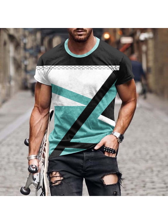 Mens Leopard Print Color Block T-Shirt Green Muscle Fit Stretch Polyester Short Sleeve Casual Streetwear Tee,Size L