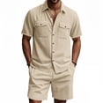 thumbnail image 1 of Fnnxeal Mens Matching Sets Cuban Collar Striped Shirt and Shorts Khaki Cotton Stretch Breathable Summer Casual Vacation Outfit with Pockets,Size S, 1 of 8