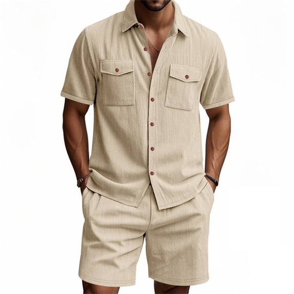Fnnxeal Mens Matching Sets Cuban Collar Striped Shirt and Shorts Khaki Cotton Stretch Breathable Summer Casual Vacation Outfit with Pockets,Size S