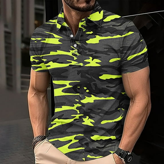 Fnnxeal Mens Neon Yellow Camo Polo Shirt Moisture Wicking Quick Dry Short Sleeve Stretch Slim Fit Performance Top S-4XL,Size 3XL