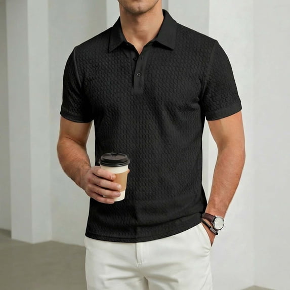 Fnnxeal Mens Nylon Textured Slim Fit Performance Polo Shirt, Quick Dry Breathable Moisture Wicking, Wrinkle Free for Golf Travel, Black,Size 2XL