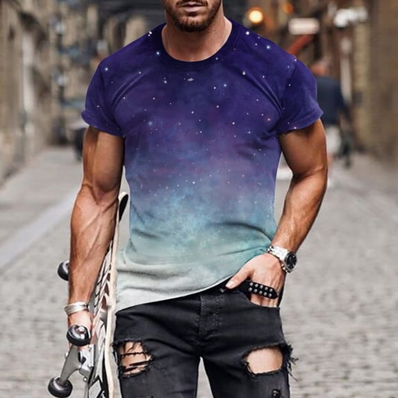 Fnnxeal Mens Orange 3D Galaxy Print Quick Dry T-Shirt Moisture Wicking Stretchy Crew Neck Gym Tee Big and Tall Sizes 5XL 6XL 7XL Short Sleeve,Size M