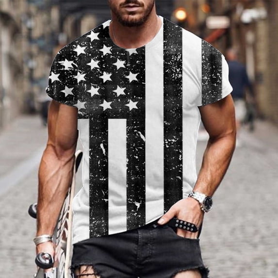 Fnnxeal Mens Patriotic American Flag T-Shirt 4th of July Vintage Tee Breathable Short Sleeve Summer Top up to 7XL Blue,Size 2XL