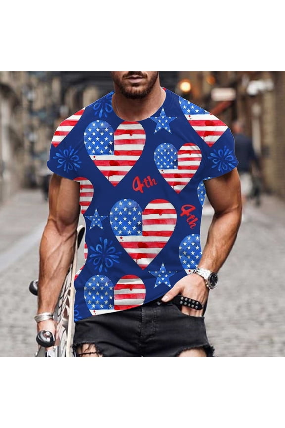Mens Patriotic All Over Print T-Shirt Blue American Flag 4th of July Muscle Fit Short Sleeve 95% Polyester 5% Spandex USA Independence Day Memorial Day,Size XL
