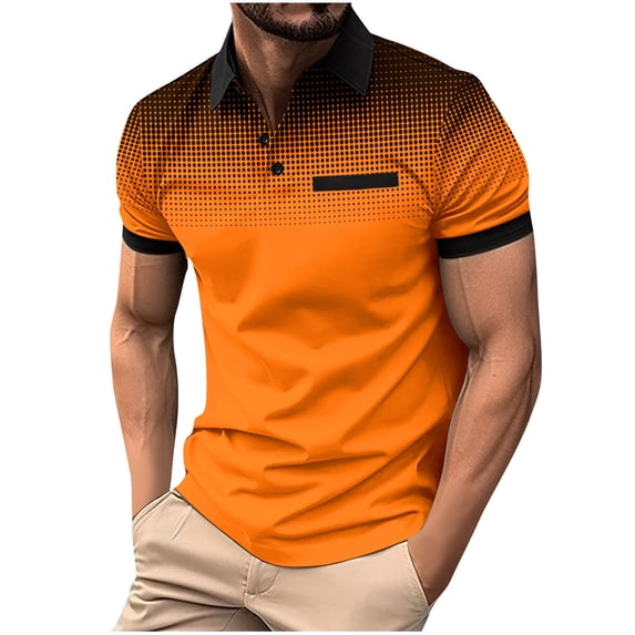 Fnnxeal Mens Performance Active Polo Shirt Short Sleeve Gradient Print Moisture Wicking Quick Dry Work Golf Top Contrast Collar Slim Fit Orange,Size M