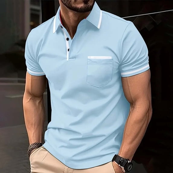 Fnnxeal Mens Performance Golf Polo Slim Fit Moisture Wicking Quick Dry Contrast Collar Light Blue,Size L