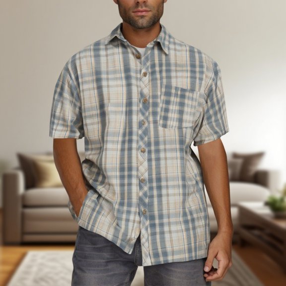 Fnnxeal Mens Plaid Button Down Shirts, Classic Fit Breathable Short Sleeves Summer Casual Shirt With Pocket Collared Beige Shirt for Men Size 3XL