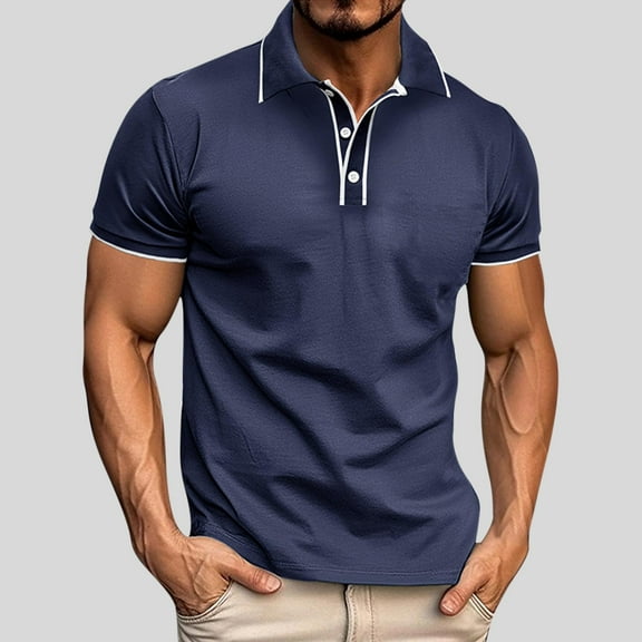 Fnnxeal Mens Polo Shirts, Big and Tall Shirt Solid Button Collared Summer Casual Dark Blue Polo Shirts for Men Size 2XL