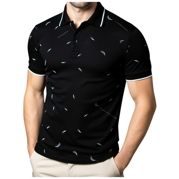 Fnnxeal Mens Polo Shirts, Big and Tall Shirt Solid Short Sleeved Casual Summer Collared Black Polo Shirts for Men Size L