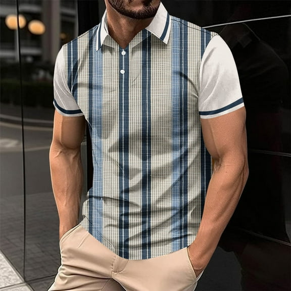 Fnnxeal Mens Polo Shirts, Big and Tall Shirt Striped Casual Summer Collared Navy Polo Shirts for Men Size 2XL