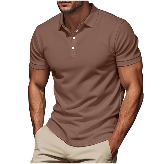 Fnnxeal Mens Polo Shirts, Button Classic Casual Short Sleeve Summer Brown Polo Shirts for Men Size M