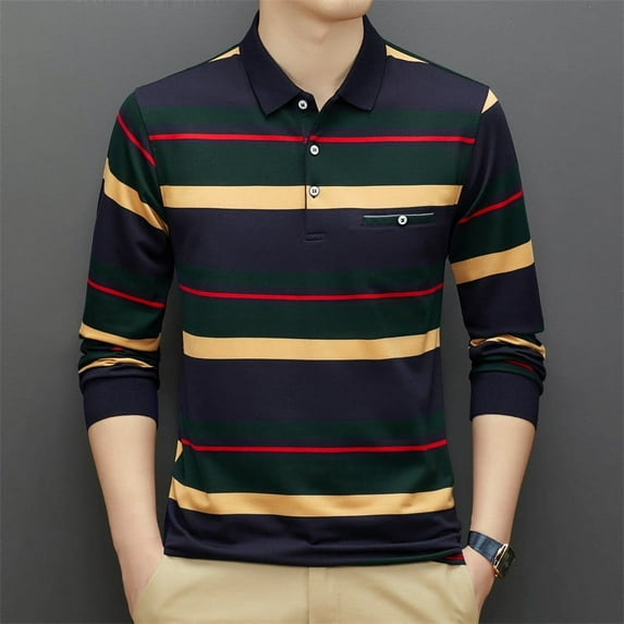 Fnnxeal Mens Polo Shirts Button Striped Collared Long Sleeve Casual Fall Winter Green Polo Shirts for Men Size XL