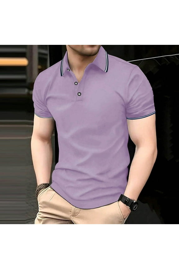 Mens Polo Shirts, Casual Big and Tall Shirt Collared Solid Short Sleeved Summer Purple Polo Shirts for Men Size L