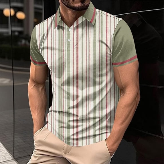 Fnnxeal Mens Polo Shirts, Casual Big and Tall Shirt Collared Striped Summer Army Green Polo Shirts for Men Size 2XL