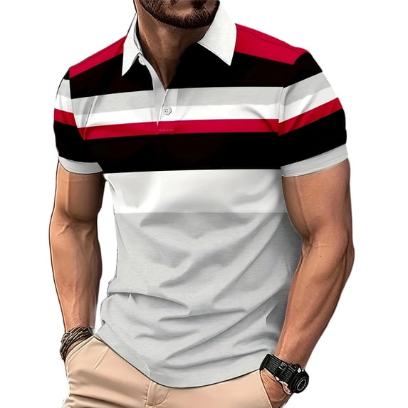 Fnnxeal Mens Polo Shirts Casual Button Striped Collared Short Sleeve Summer Polo Red Shirts for Men Size XL