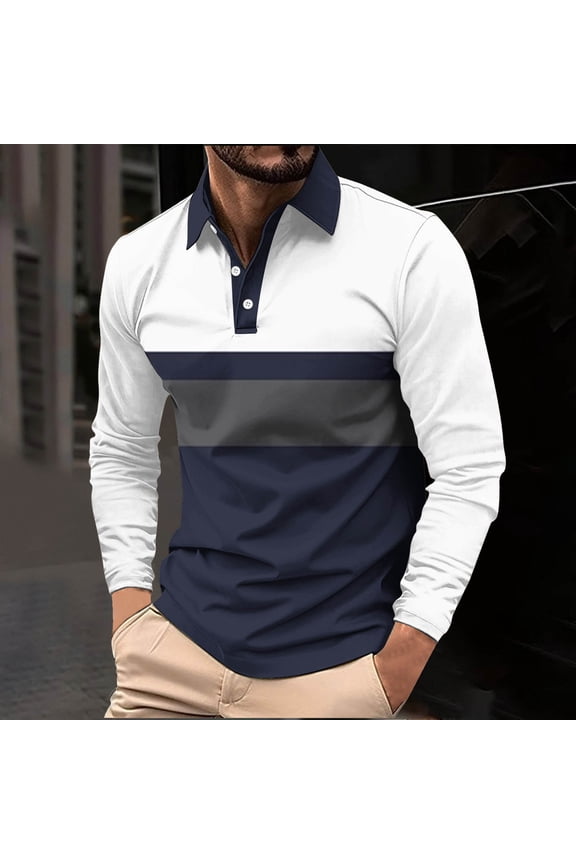 Mens Polo Shirts Casual Collared Button Long Sleeve Striped Fall Winter Navy Polo Shirts for Men Size L