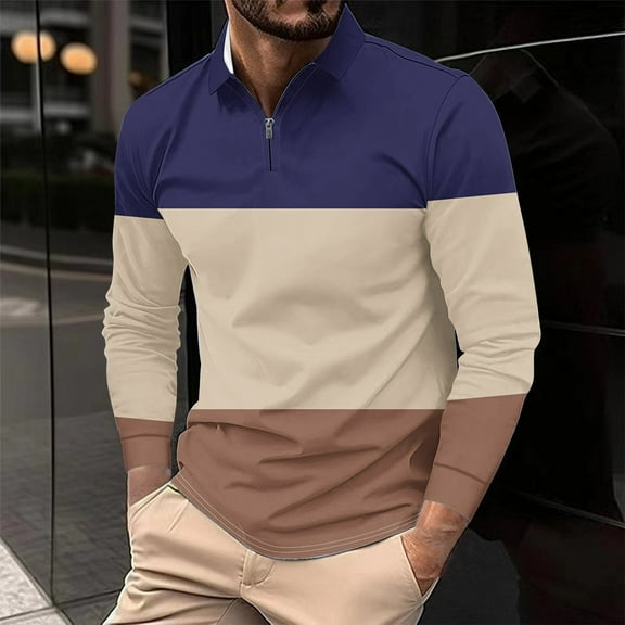 Fnnxeal Mens Polo Shirts Casual Long Sleeve Button Striped Fall Winter Dark Blue Lightweight Polos Shirts for Men Size L