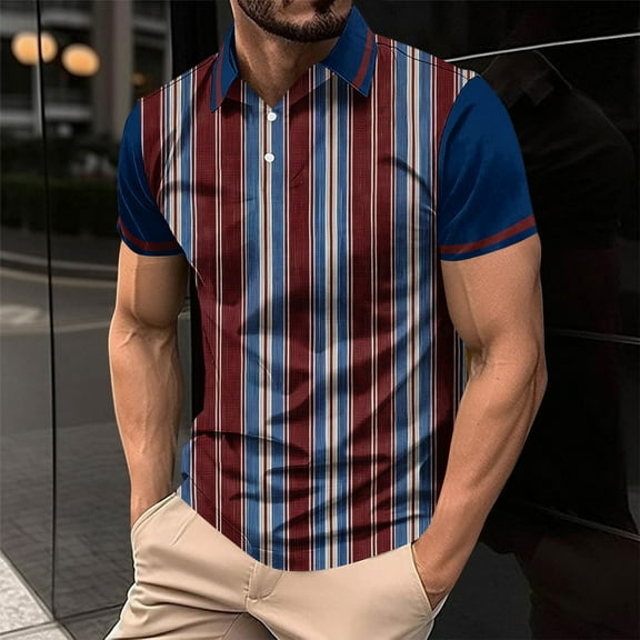 Fnnxeal Mens Polo Shirts, Casual Striped Big and Tall Shirt Collared Summer Wine Polo Shirts for Men Size L