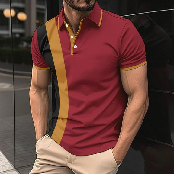 Fnnxeal Mens Polo Shirts, Casual Summer Collared Solid Button Big and Tall Shirt Wine Polo Shirts for Men Size 3XL