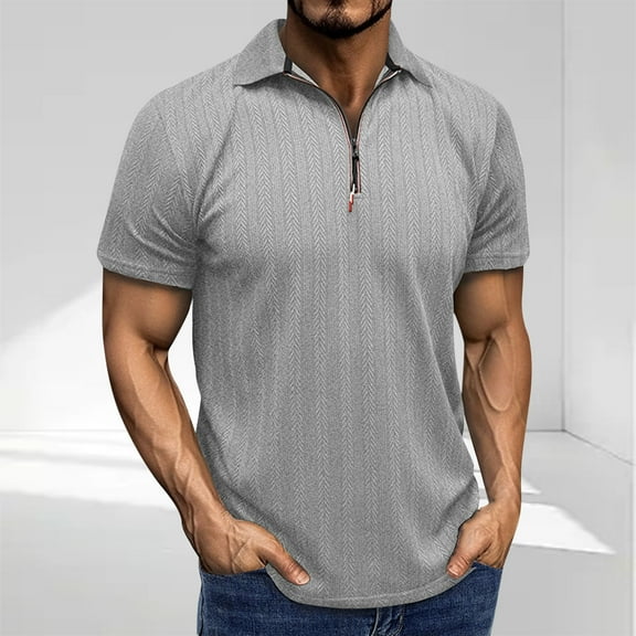 Fnnxeal Mens Polo Shirts, Classic Casual Summer Zipper Short Sleeve Gray Polo Shirts for Men Size S