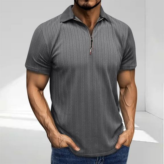 Fnnxeal Mens Polo Shirts, Classic Zipper Short Sleeve Casual Summer Dark Gray Polo Shirts for Men Size 2XL