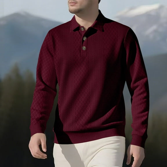 Fnnxeal Mens Polo Shirts Collar Fall Winter Breathable Long Sleeve Casual Wine Polo Shirts for Men Size 3XL