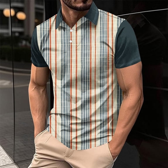 Fnnxeal Mens Polo Shirts, Collared Big and Tall Shirt Casual Striped Summer Navy Polo Shirts for Men Size L
