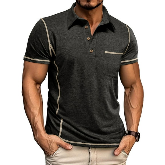 Fnnxeal Mens Polo Shirts Collared Button Casual Lightweight Summer Short Sleeve Black Polo Shirts with Pockets Size 2XL